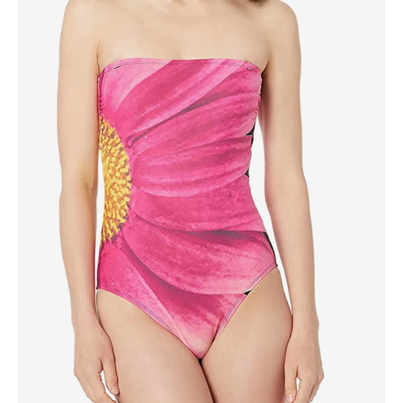 Calvin Klein Classic Bandeau Pink Daisy Flower One Piece Swimsuit 14 NWT - Picture 1 of 3